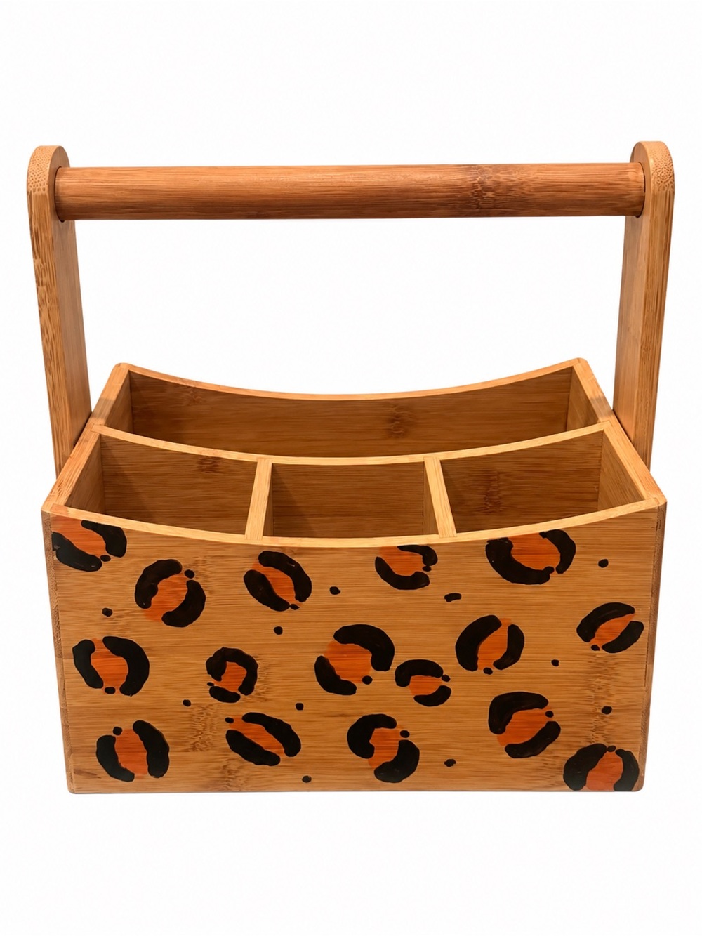 Hand-Painted Bamboo Leopard Print Organizer Caddy